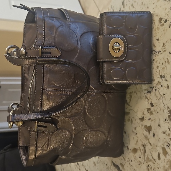 Coach Mettalic Gray Leather Tote And Wallet Set - Picture 1 of 17